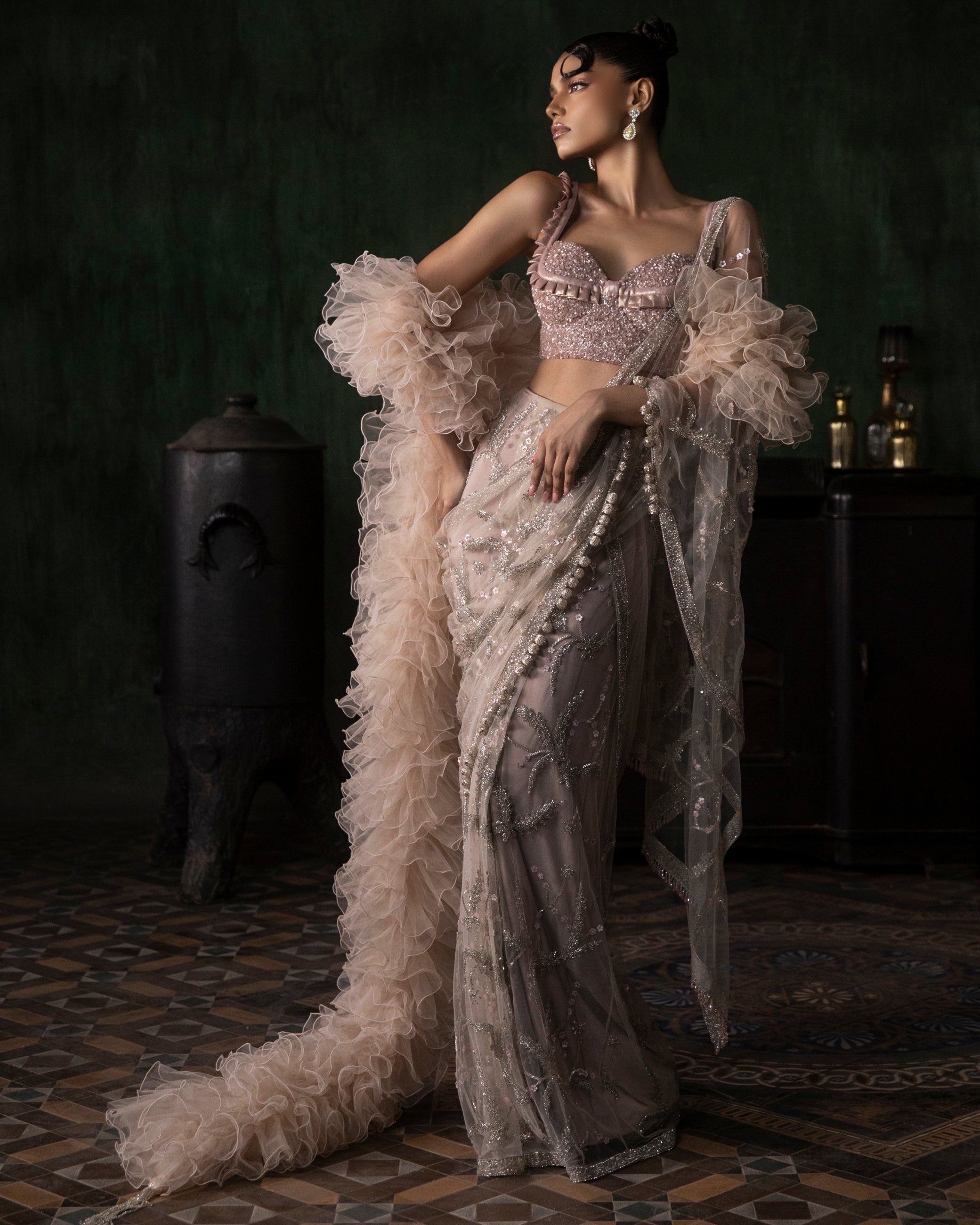 Stone Pre-Stitched Sari With Sequinned Blouse Set