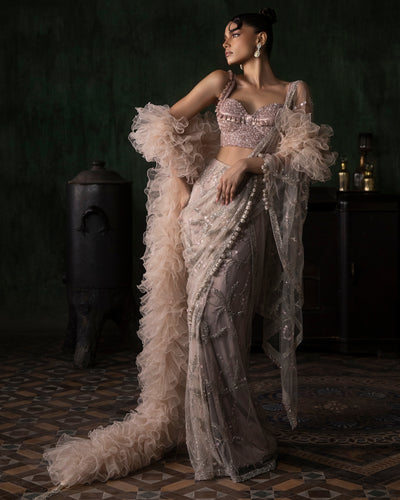 Stone Pre-Stitched Sari With Sequinned Blouse Set