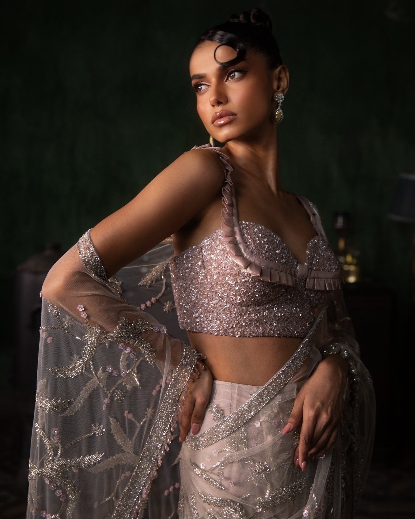 Stone Pre-Stitched Sari With Sequinned Blouse Set