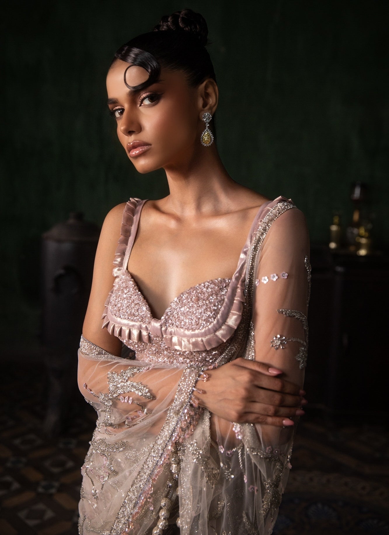 Stone Pre-Stitched Sari With Sequinned Blouse Set