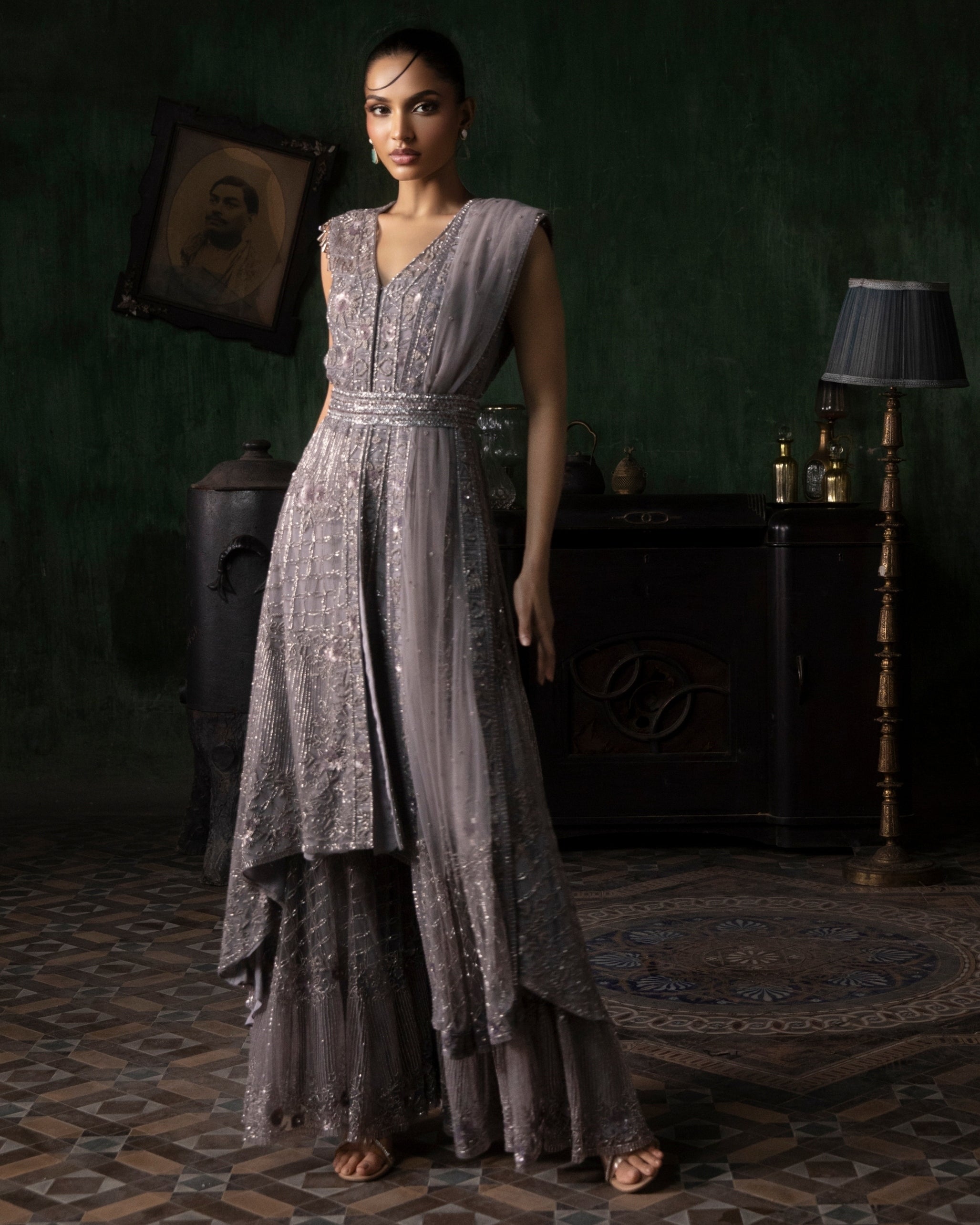 Mauve Asymmetrical Hemline Sharara Set