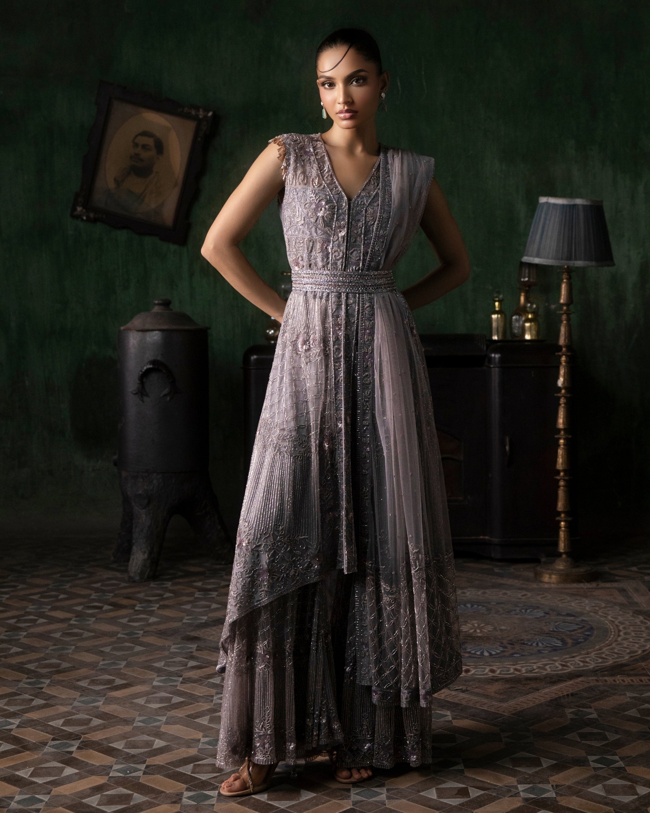 Mauve Asymmetrical Hemline Sharara Set