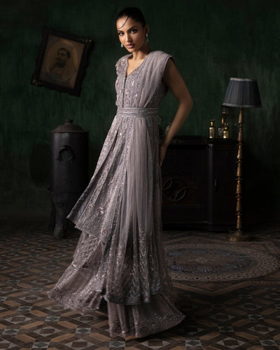 Mauve Asymmetrical Hemline Sharara Set