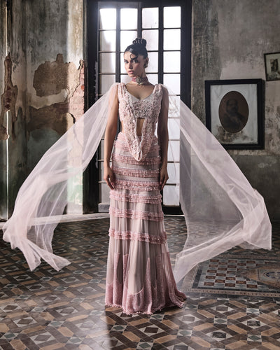 Old Rose Crystal Embellished Skirt With Draped Blouse Set