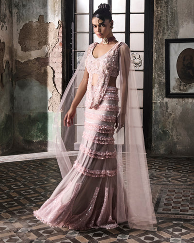 Old Rose Crystal Embellished Skirt With Draped Blouse Set