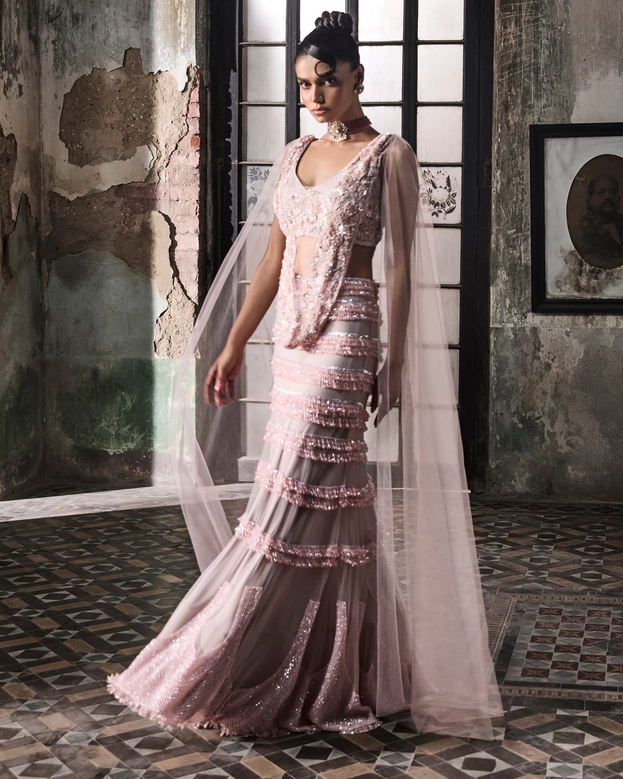 Old Rose Crystal Embellished Skirt With Draped Blouse Set