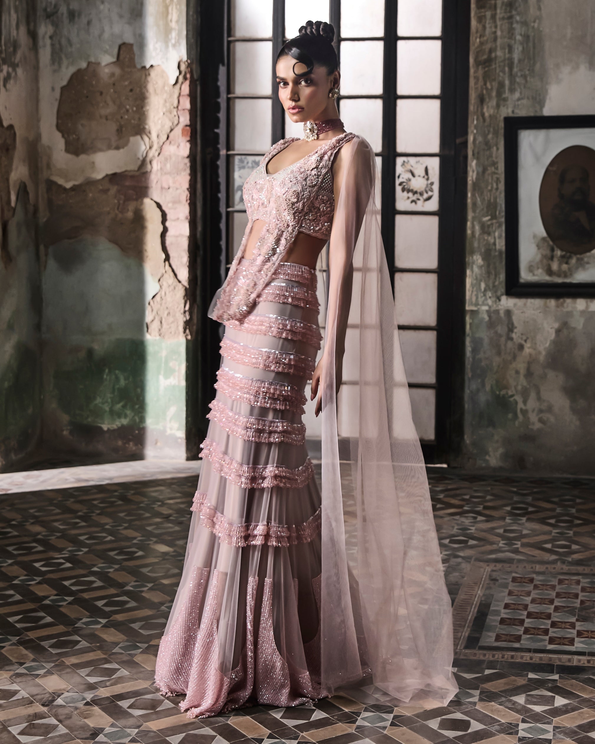 Old Rose Crystal Embellished Skirt With Draped Blouse Set