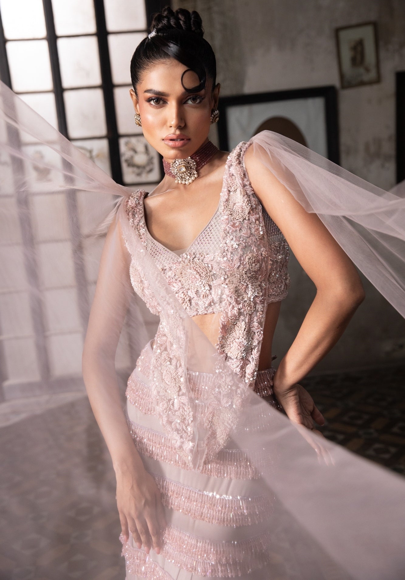 Old Rose Crystal Embellished Skirt With Draped Blouse Set