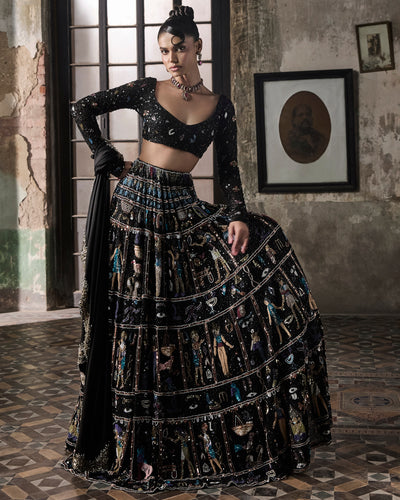 Black Egyptian Motifs Georgette Lehenga Set