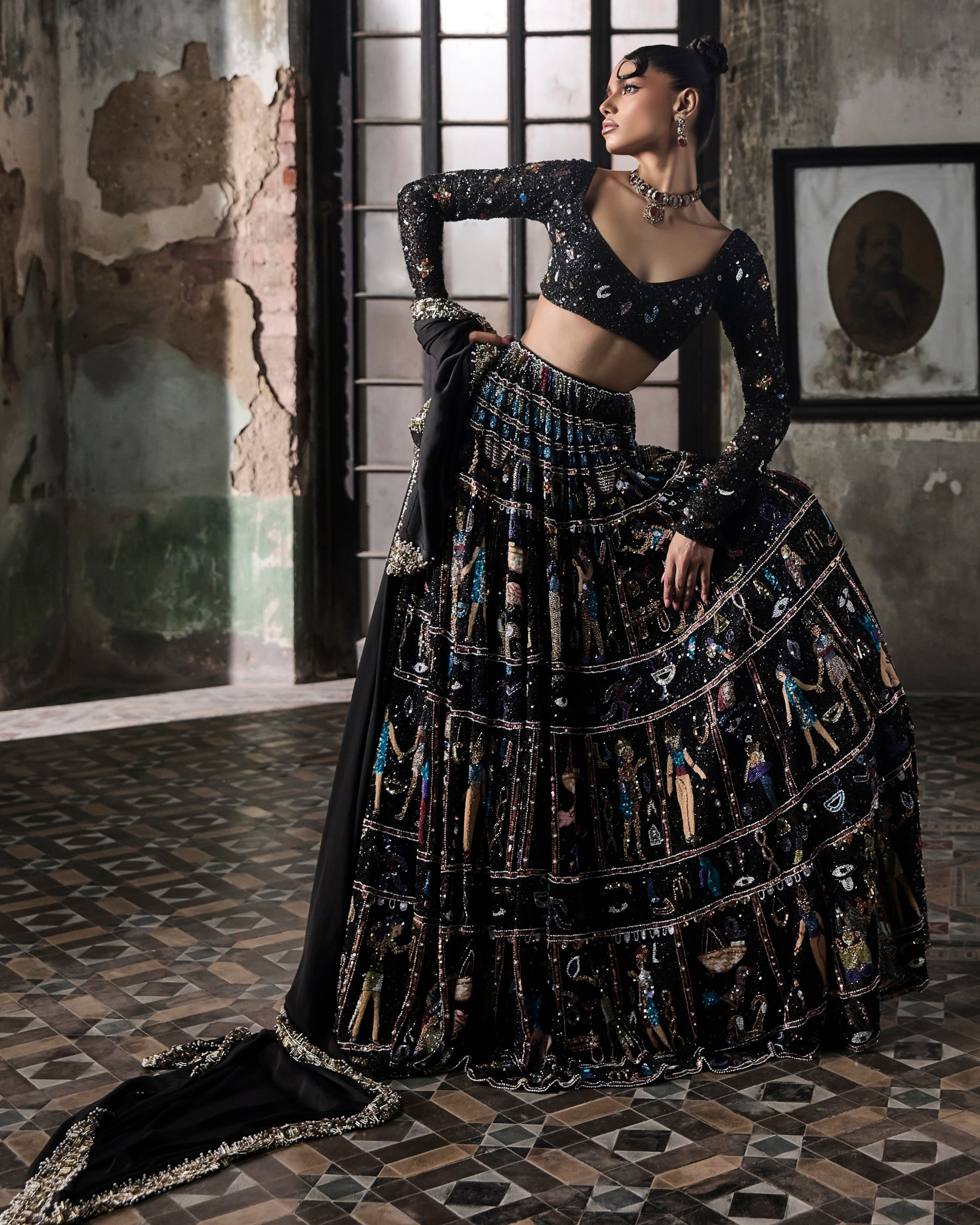 Black Egyptian Motifs Georgette Lehenga Set