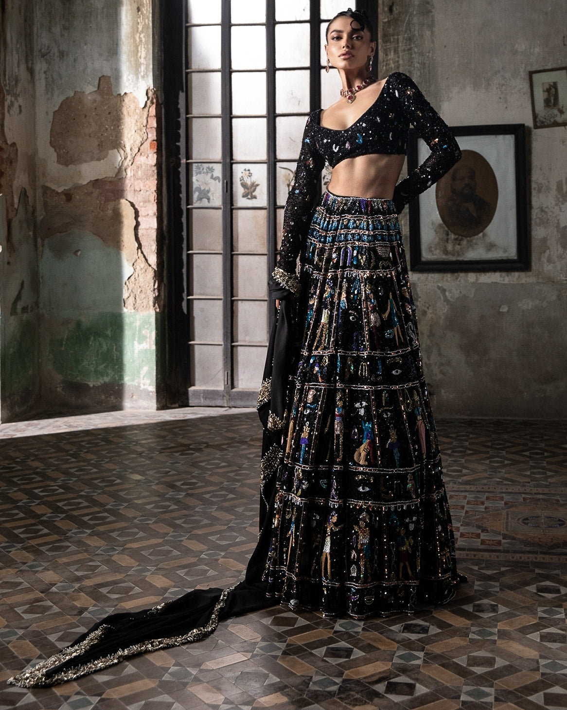 Black Egyptian Motifs Georgette Lehenga Set