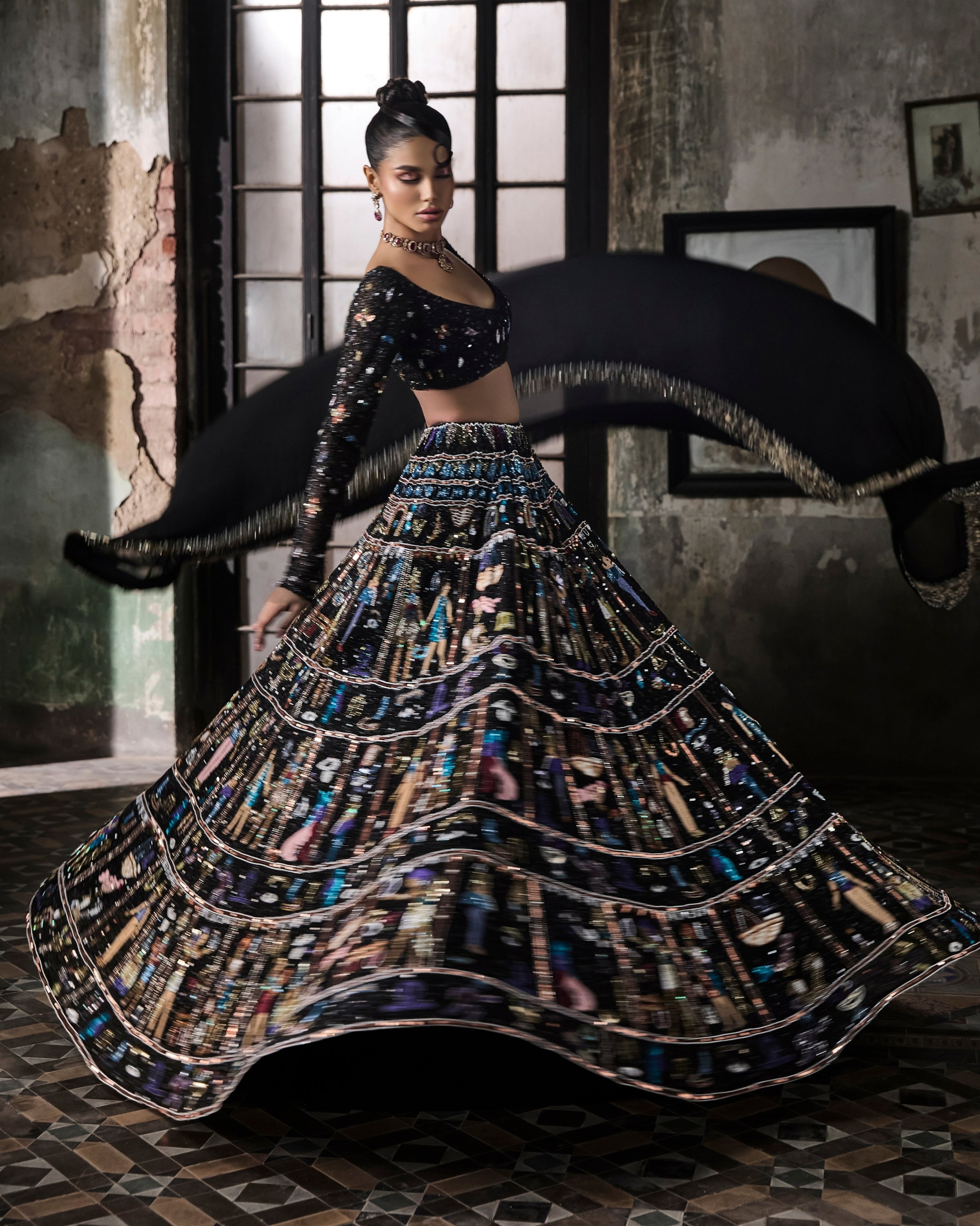 Black Egyptian Motifs Georgette Lehenga Set