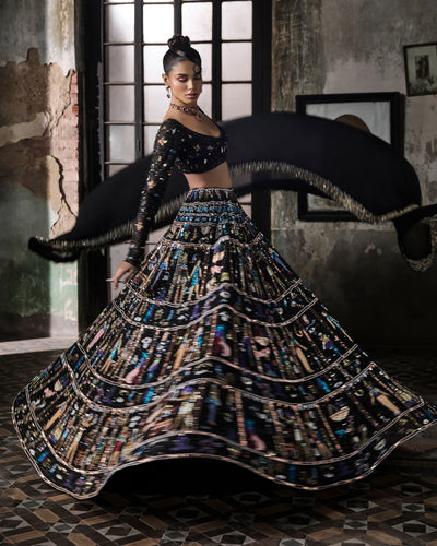 Black Egyptian Motifs Georgette Lehenga Set