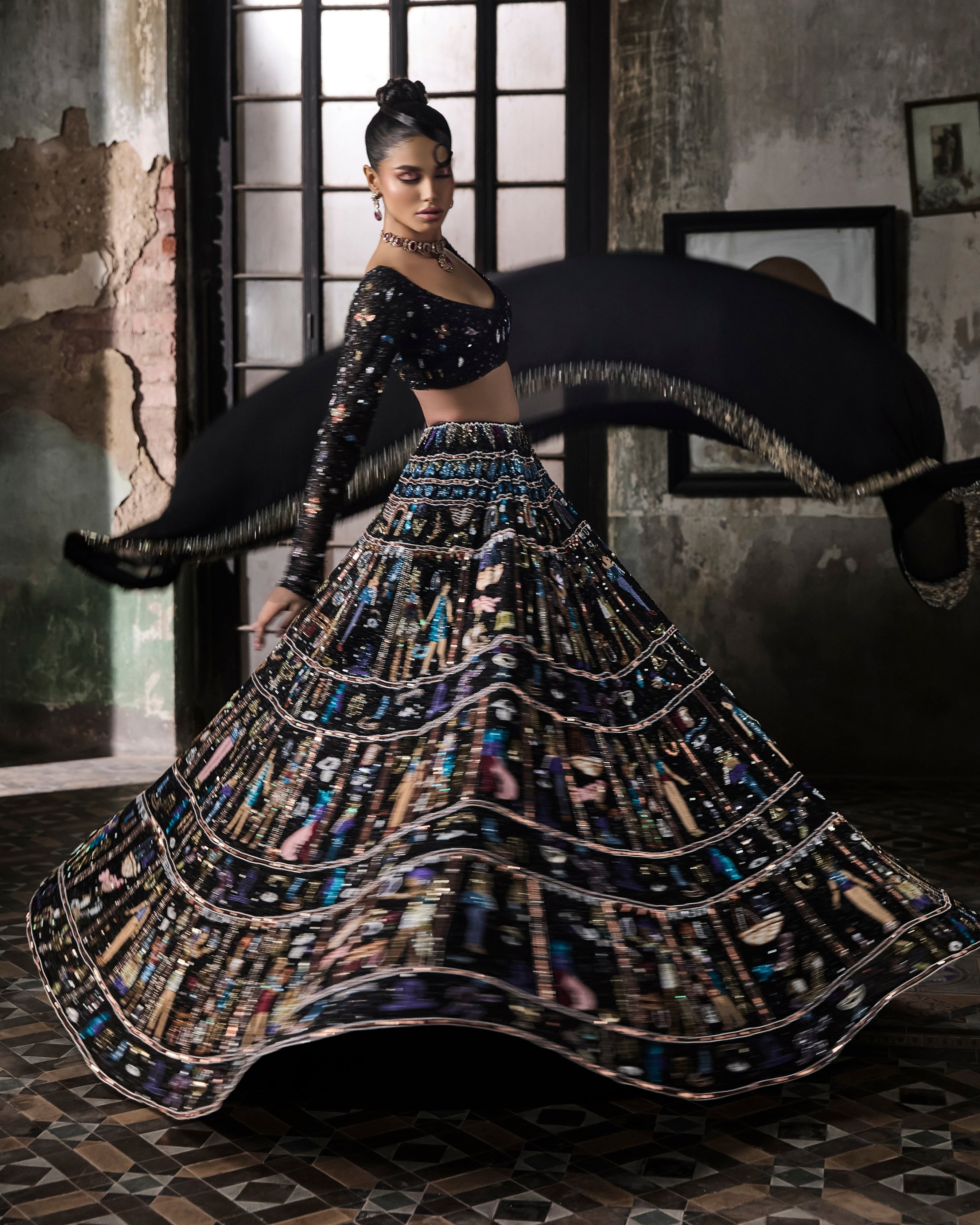 Black Egyptian Motifs Georgette Lehenga Set