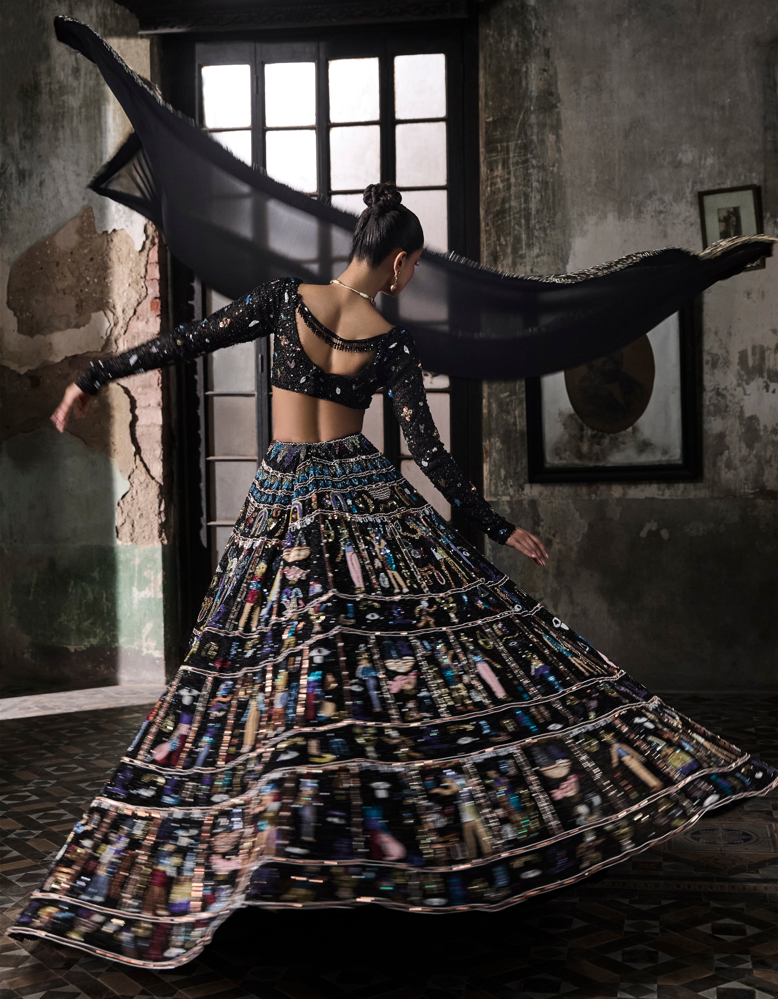 Black Egyptian Motifs Georgette Lehenga Set