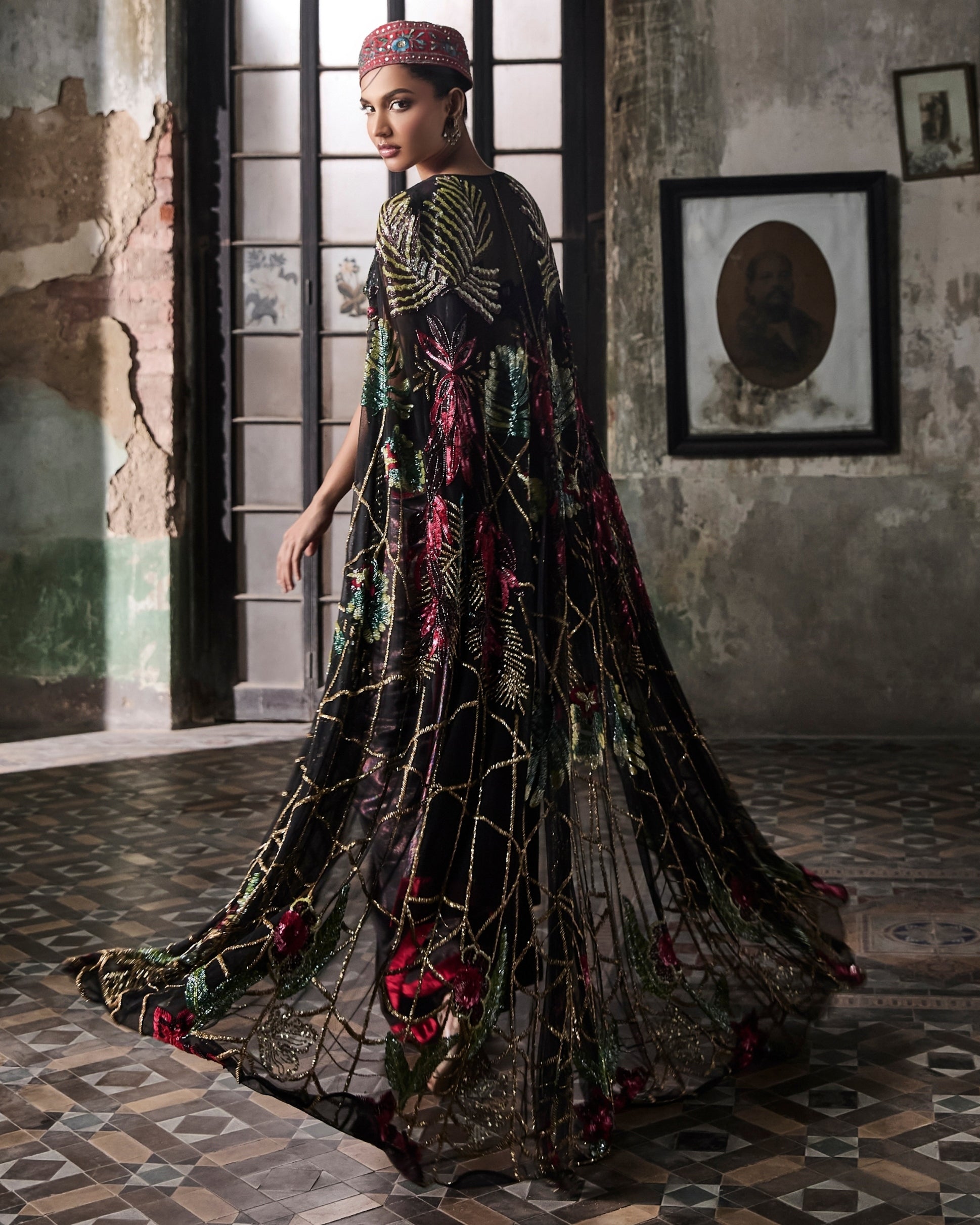 Black Foil Pre-Stitched Drape Sari With Hand Embroidered Cape And Blouse