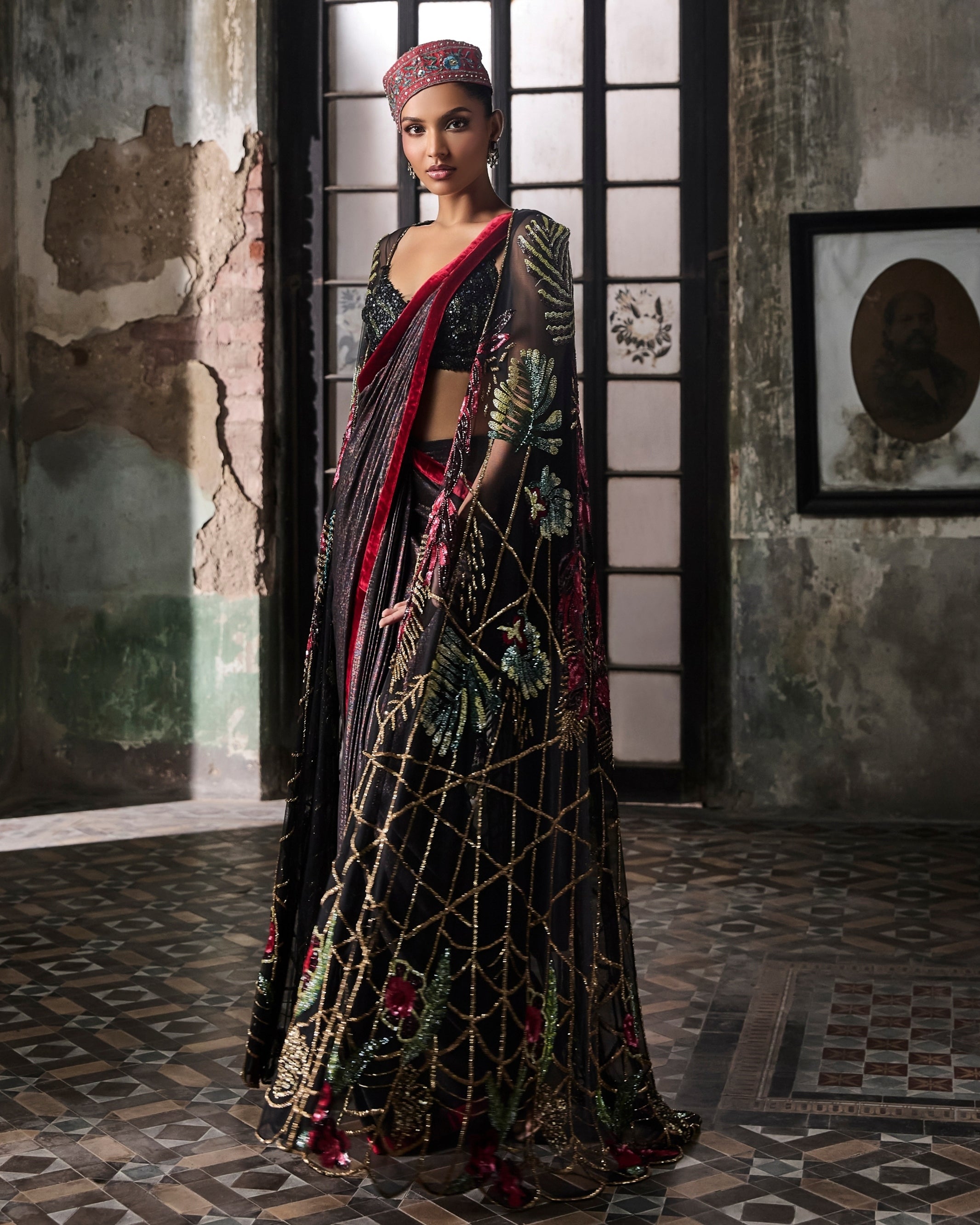 Black Foil Pre-Stitched Drape Sari With Hand Embroidered Cape And Blouse