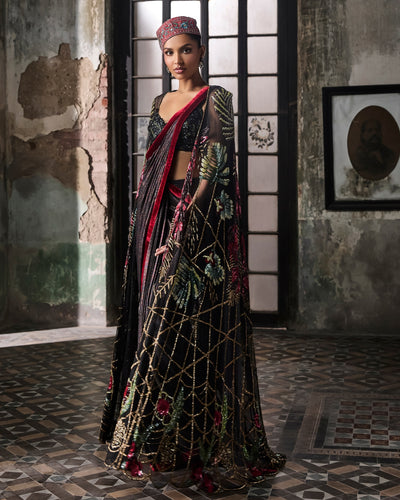 Black Foil Pre-Stitched Drape Sari With Hand Embroidered Cape And Blouse