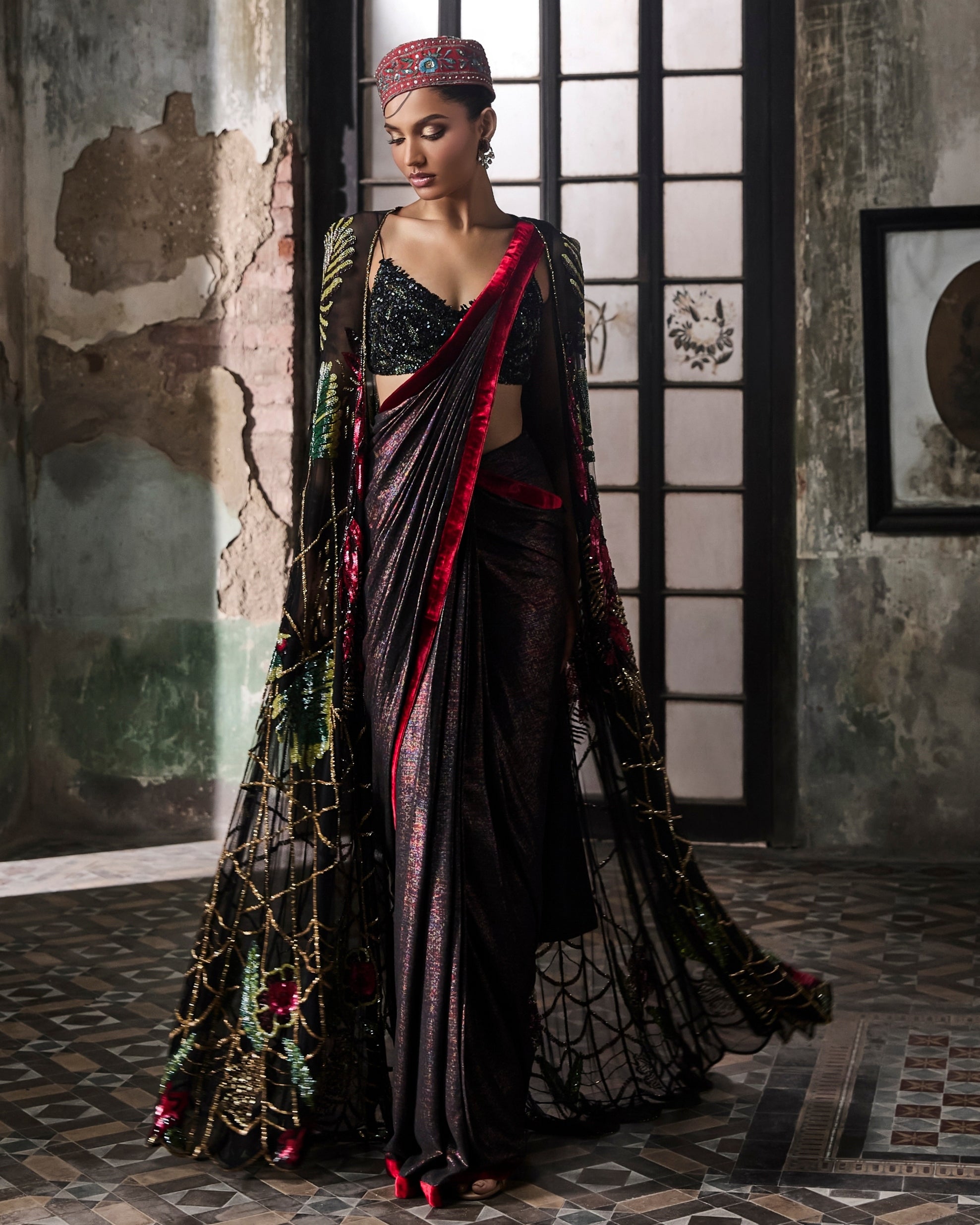 Black Foil Pre-Stitched Drape Sari With Hand Embroidered Cape And Blouse