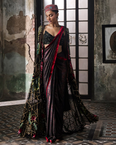 Black Foil Pre-Stitched Drape Sari With Hand Embroidered Cape And Blouse