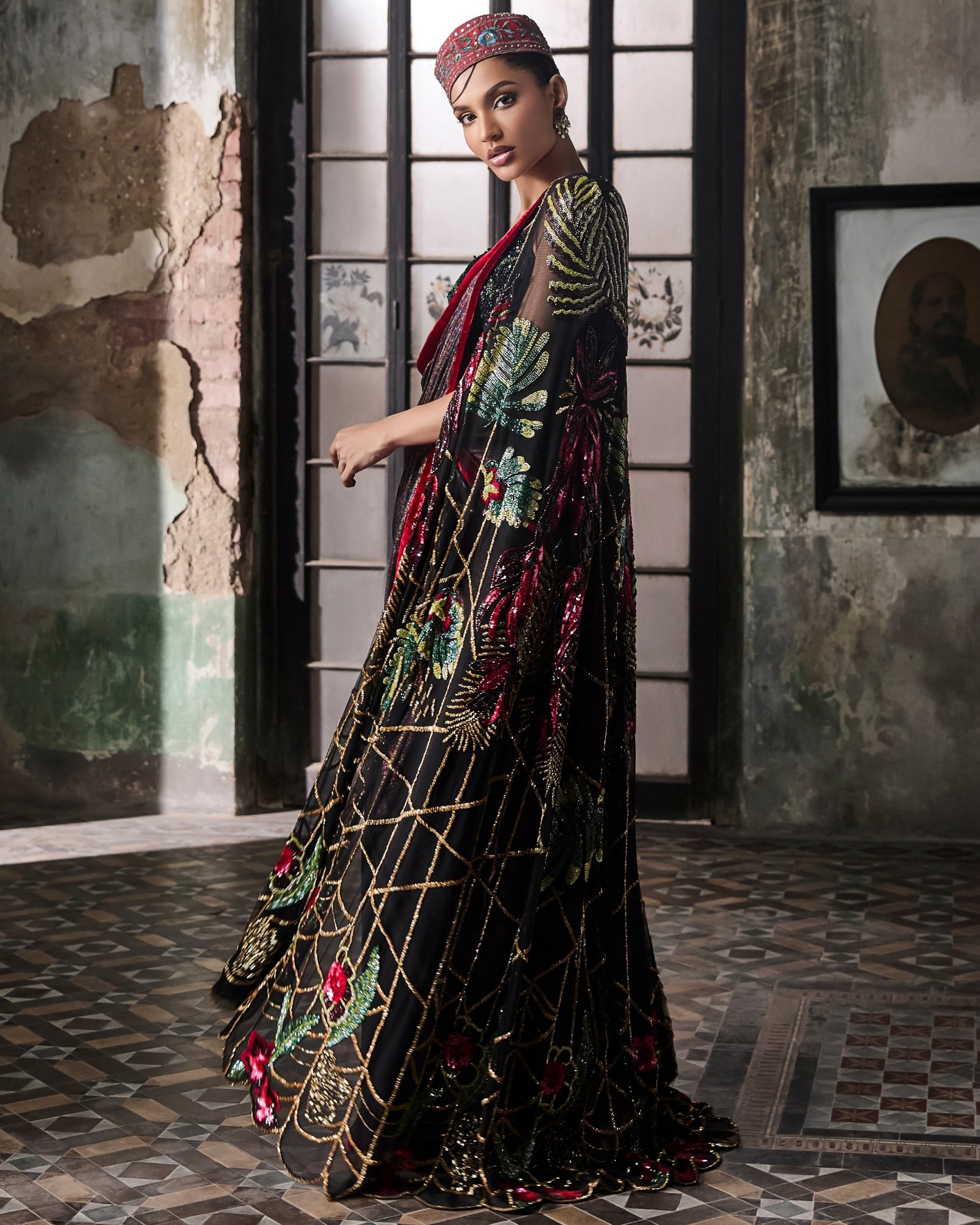 Black Foil Pre-Stitched Drape Sari With Hand Embroidered Cape And Blouse