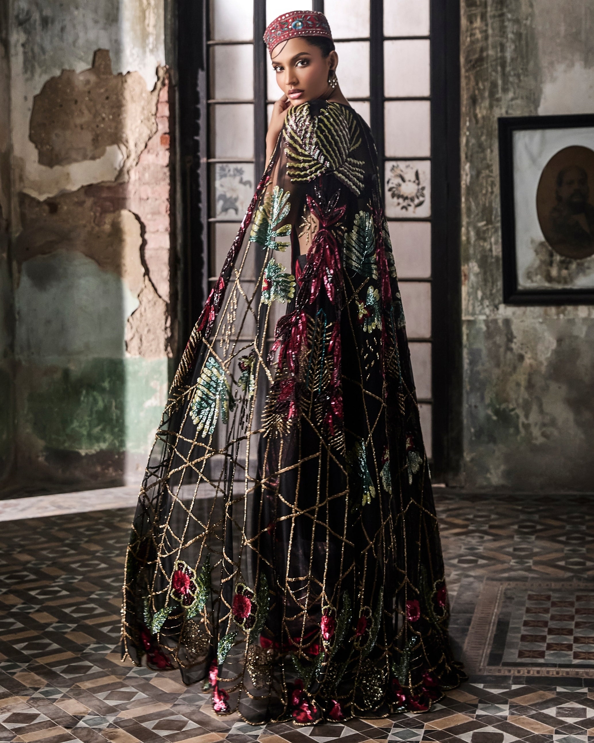 Black Foil Pre-Stitched Drape Sari With Hand Embroidered Cape And Blouse