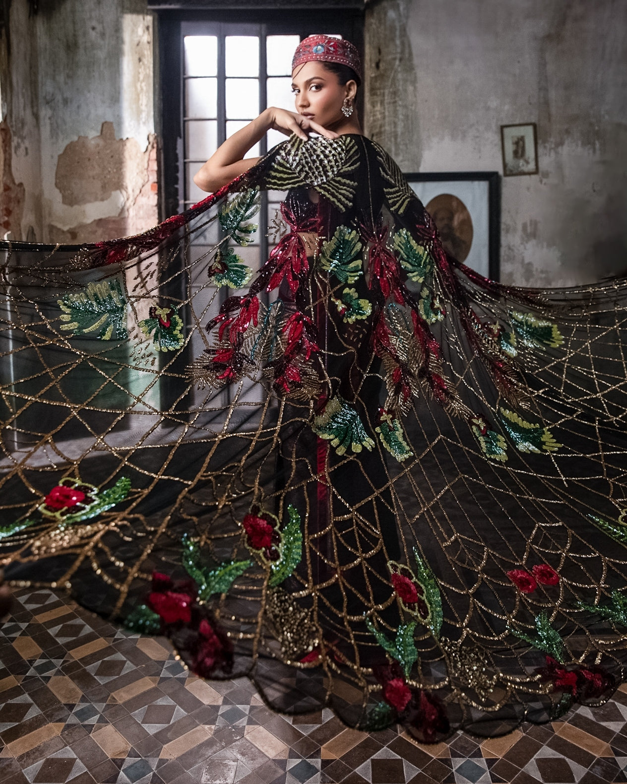 Black Foil Pre-Stitched Drape Sari With Hand Embroidered Cape And Blouse