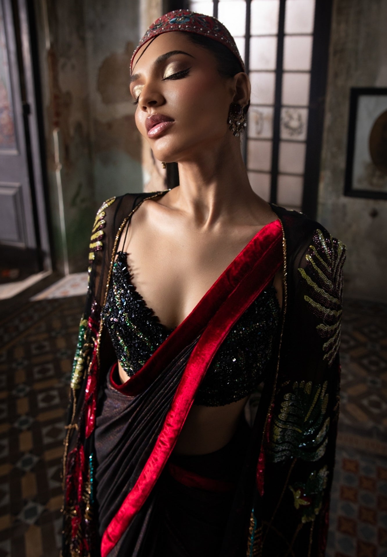 Black Foil Pre-Stitched Drape Sari With Hand Embroidered Cape And Blouse