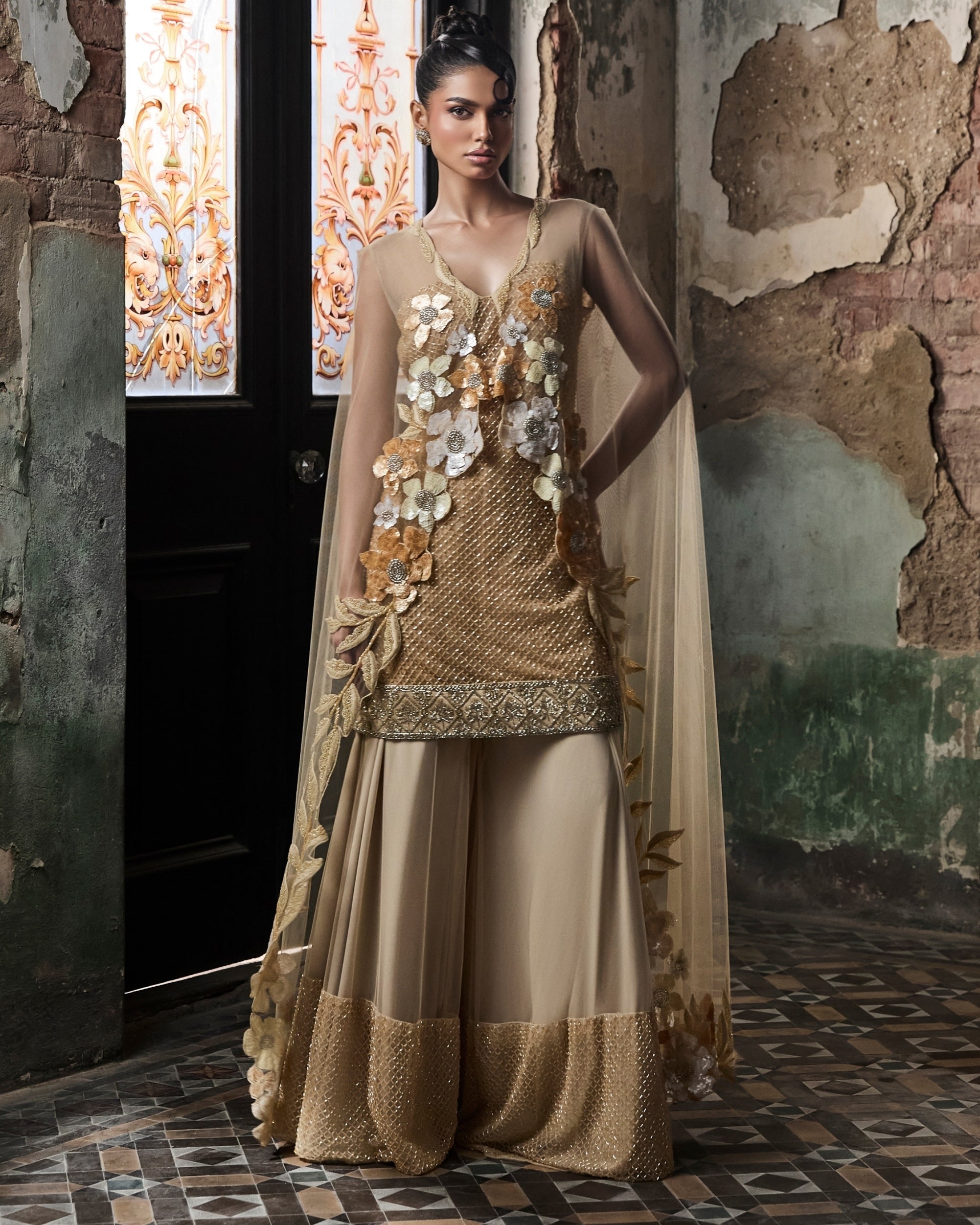 Beige Grid Work Sharara Set