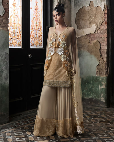 Beige Grid Work Sharara Set