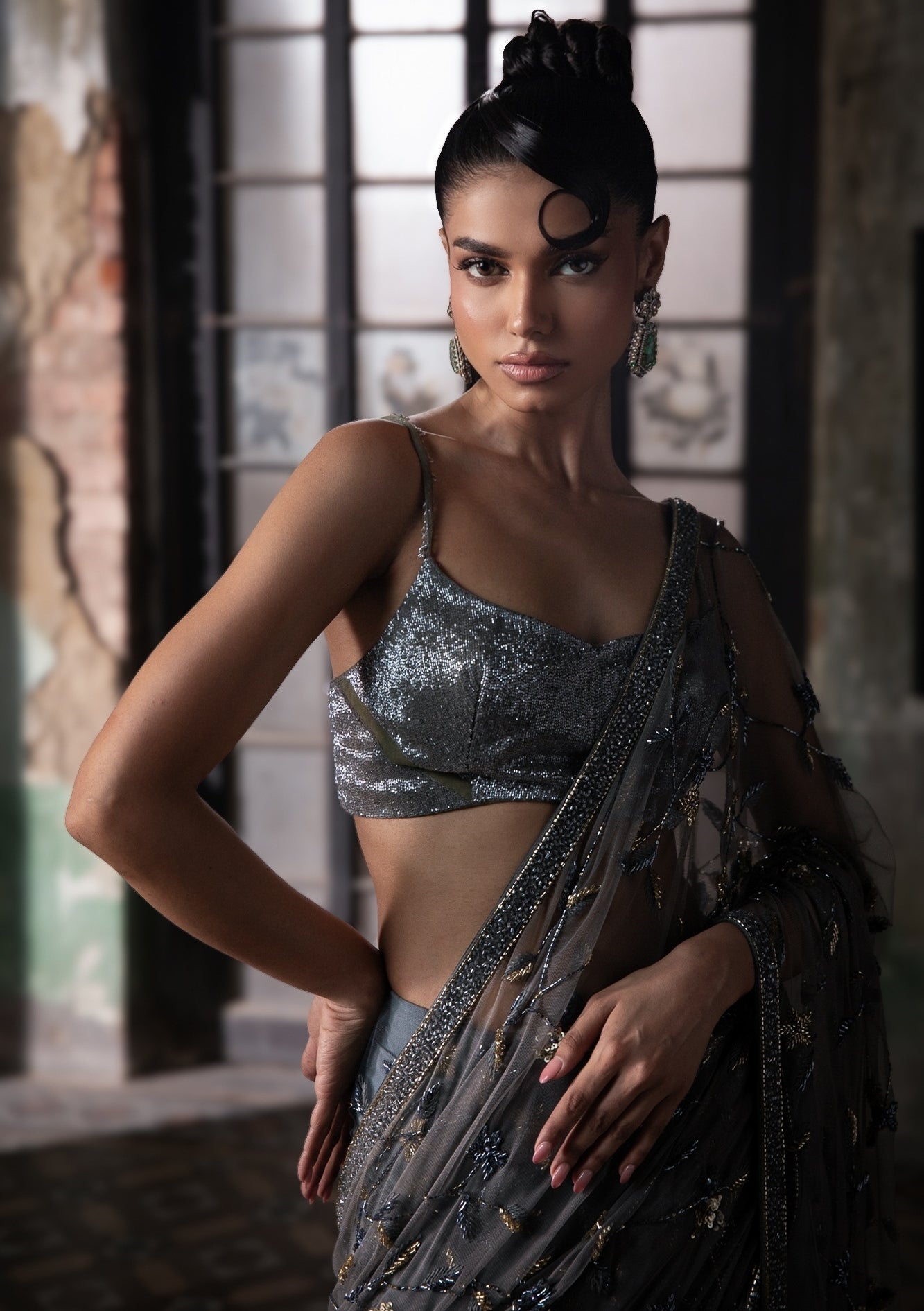 Slate Grey Hand Embroidered Pre-Stitched Tulle Sari With Beaded Blouse