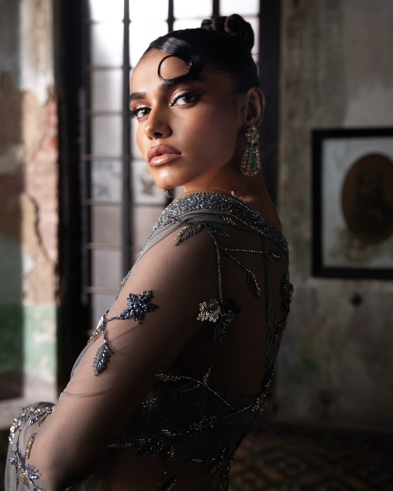 Slate Grey Hand Embroidered Pre-Stitched Tulle Sari With Beaded Blouse