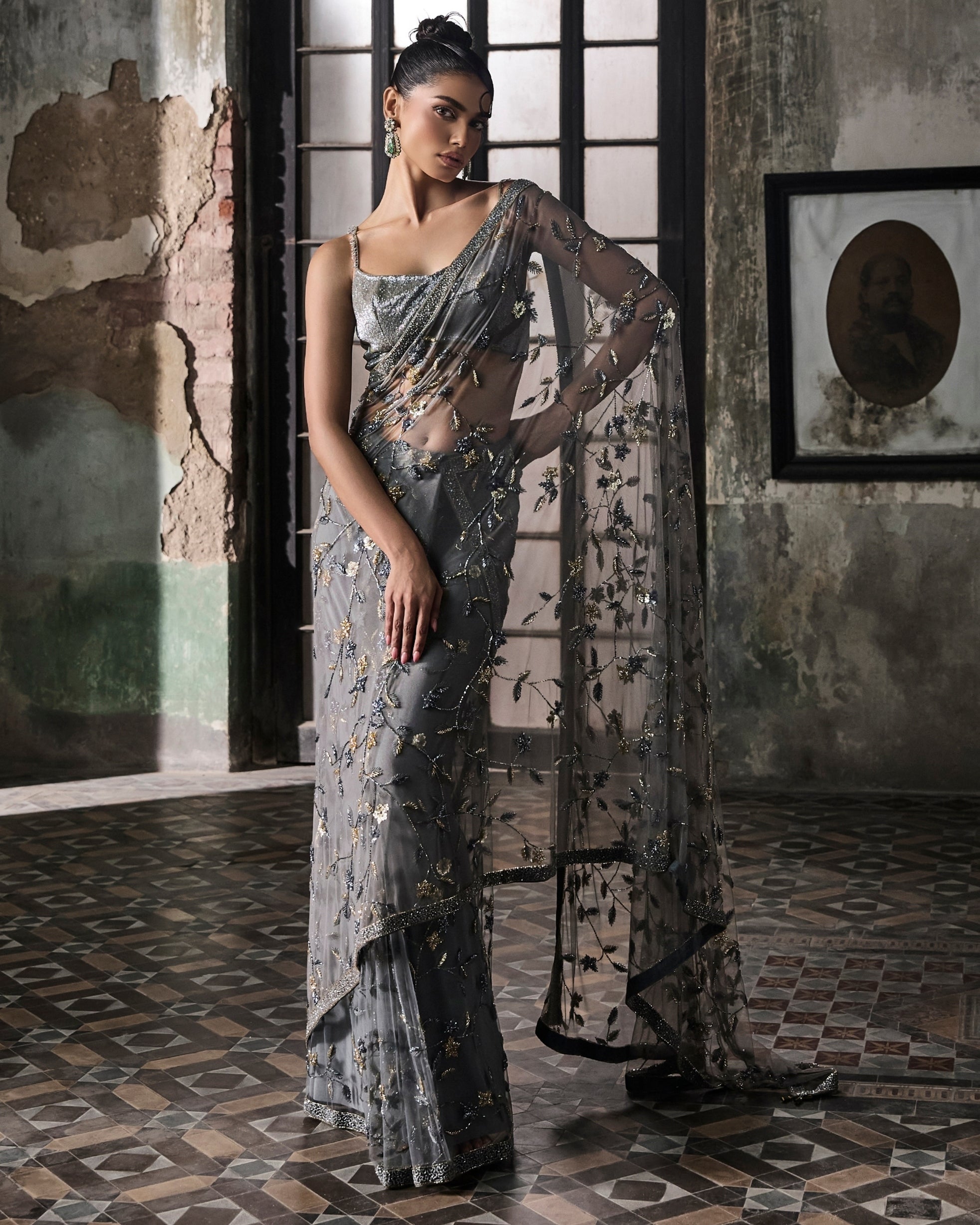Slate Grey Hand Embroidered Pre-Stitched Tulle Sari With Beaded Blouse