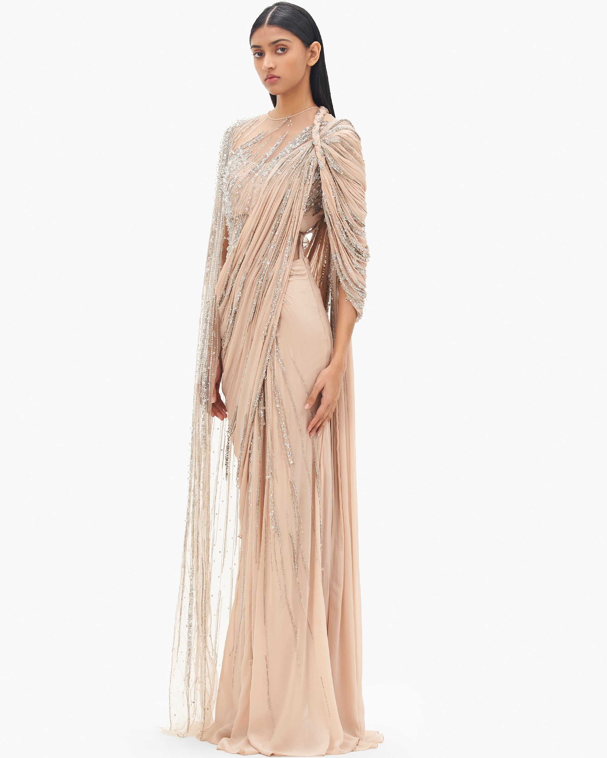 The Haze Champagne Cosmic Cape Sleeves Sari Gown