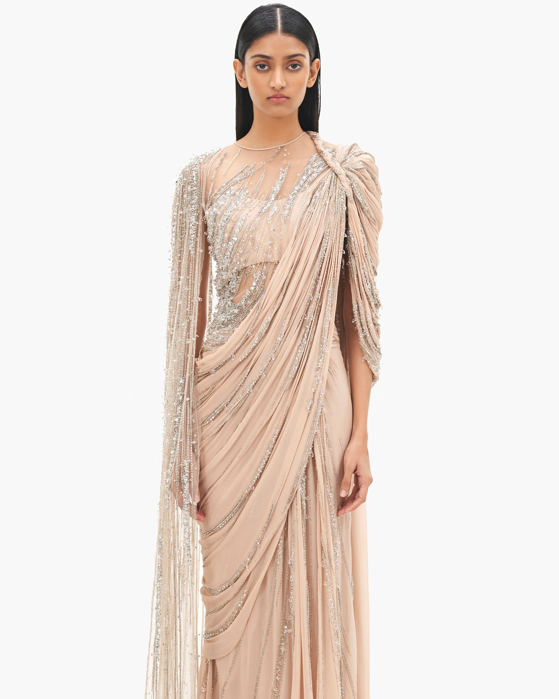 The Haze Champagne Cosmic Cape Sleeves Sari Gown