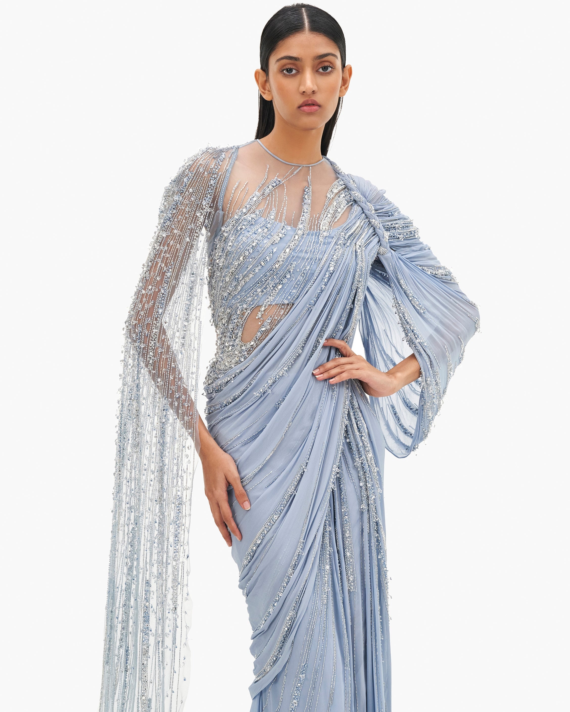 The Comet Blue Cosmic Cape Sleeves Sari Gown