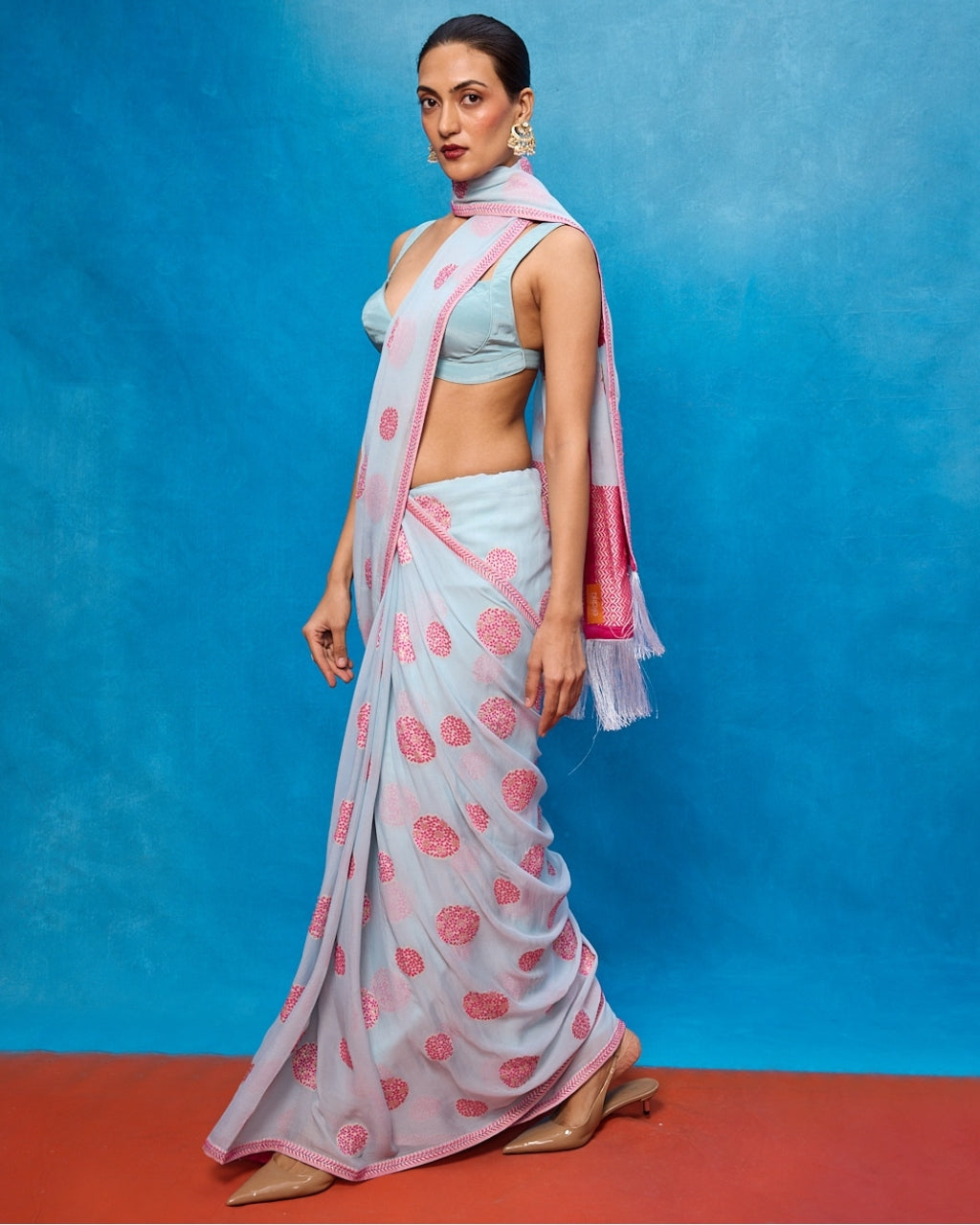 Handwoven Ice Blue Chiffon Banarasi Sari