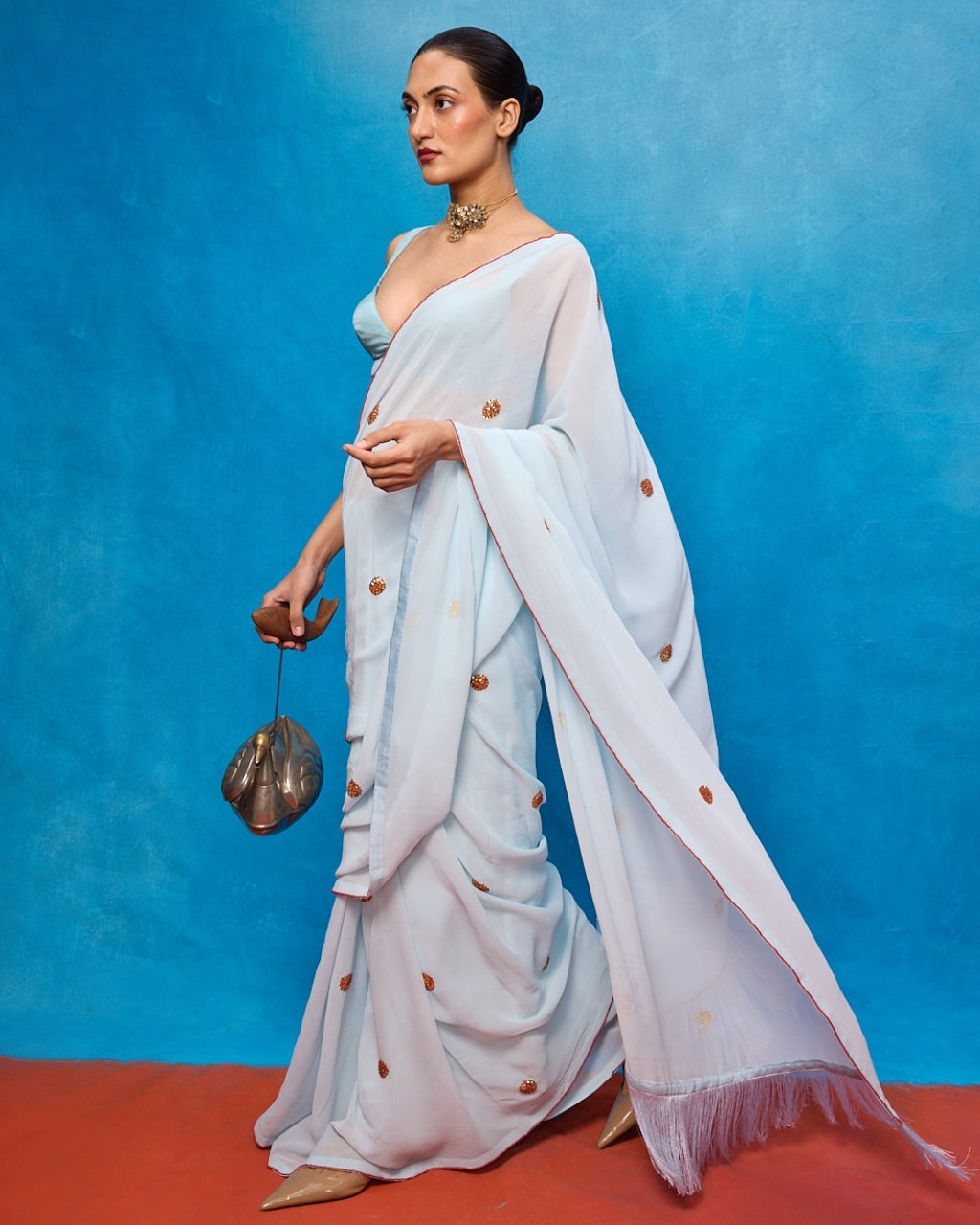 Handwoven Ice Blue Georgette Embroidered Sari