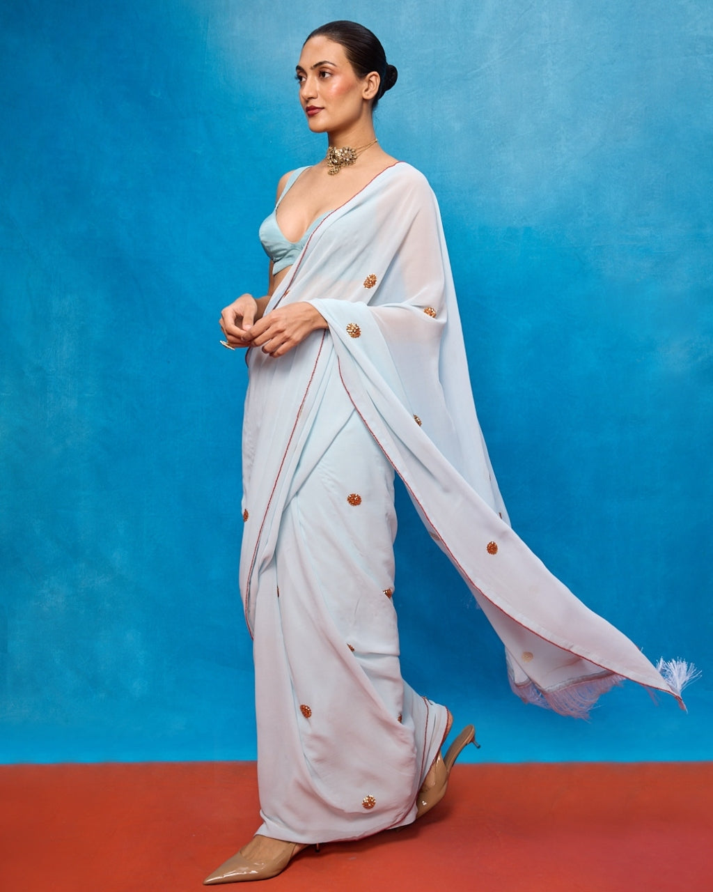 Handwoven Ice Blue Georgette Embroidered Sari