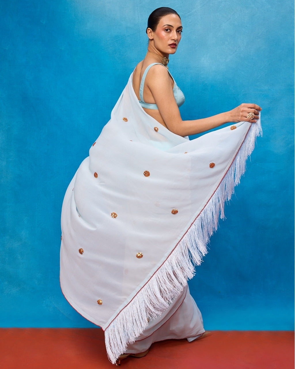 Handwoven Ice Blue Georgette Embroidered Sari