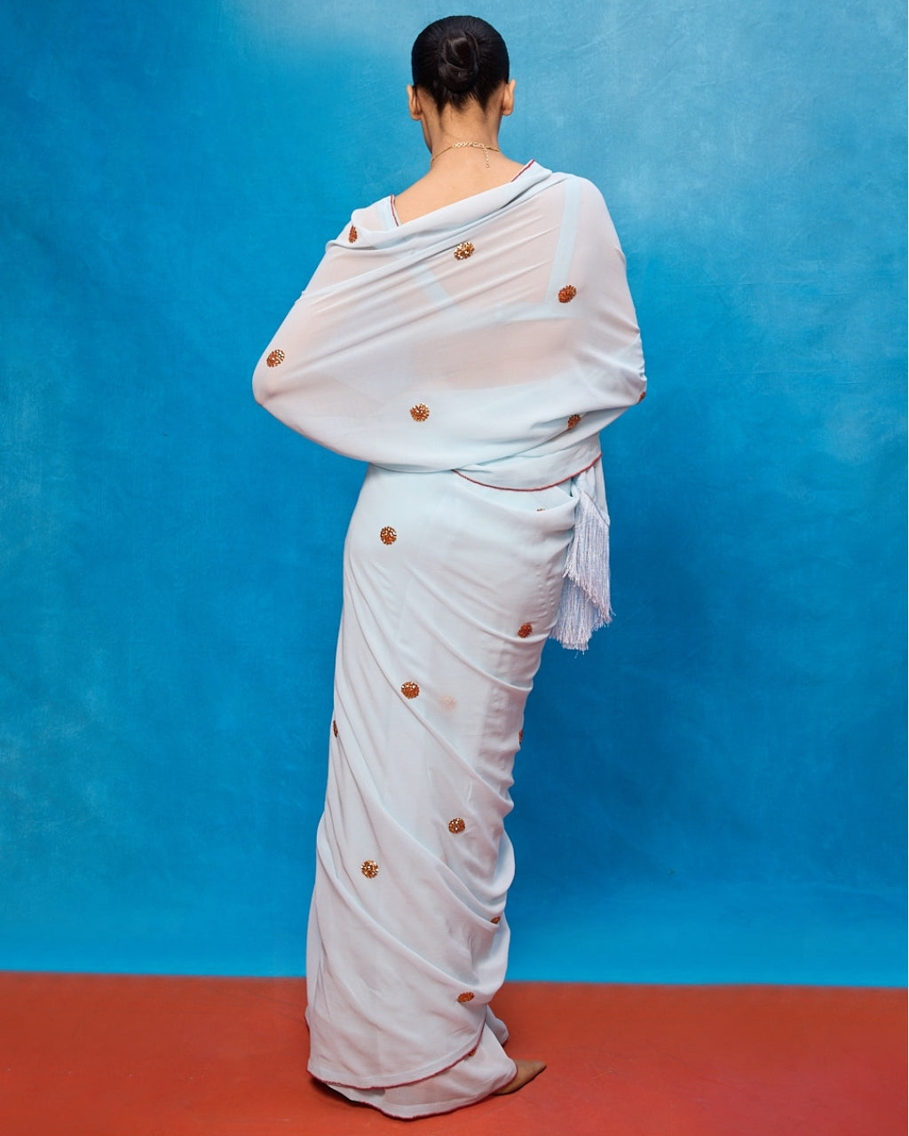 Handwoven Ice Blue Georgette Embroidered Sari
