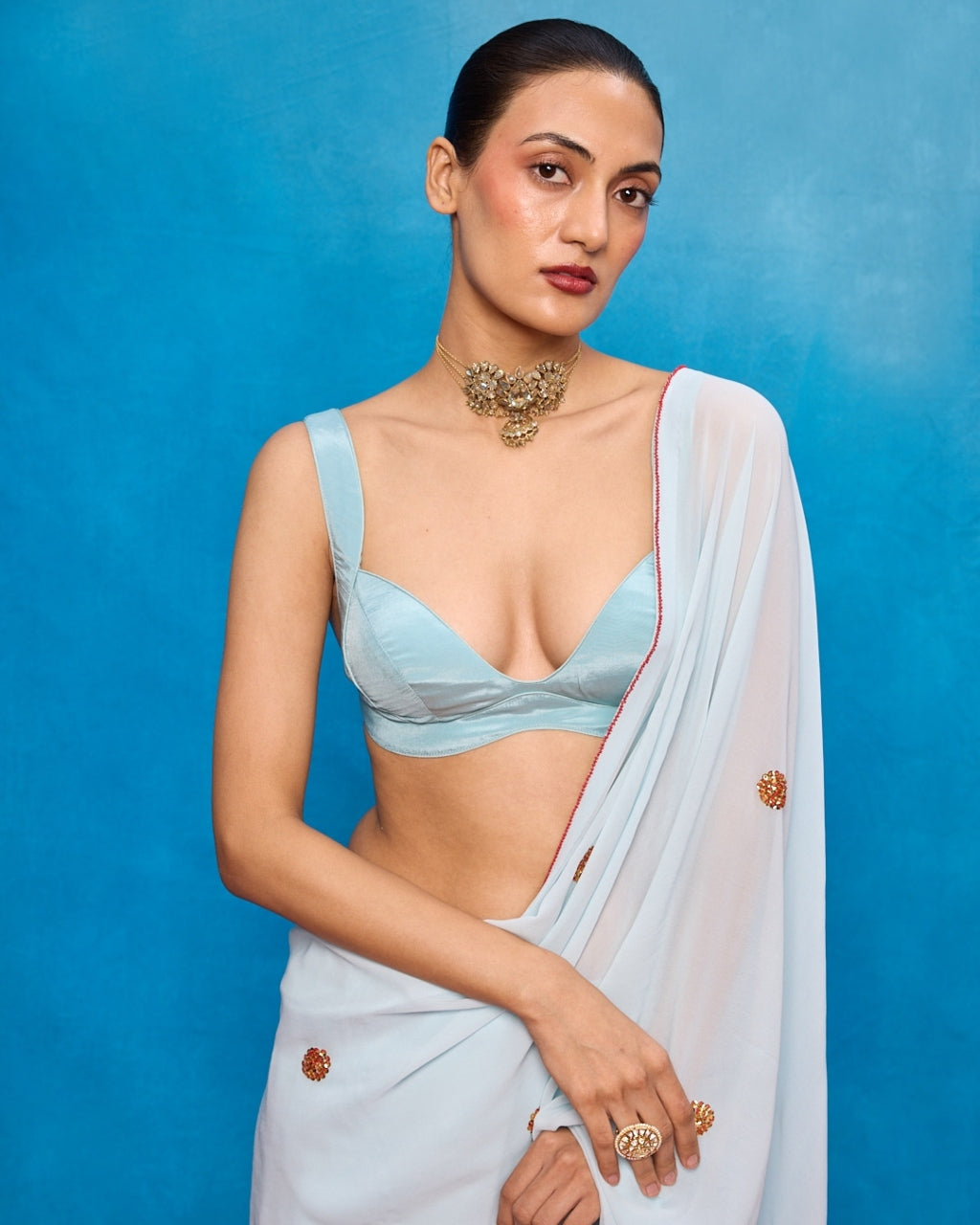 Handwoven Ice Blue Georgette Embroidered Sari