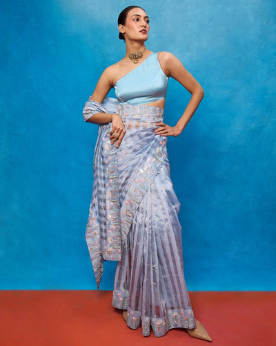 Handwoven Ice Blue Tissue Embroidered Sari