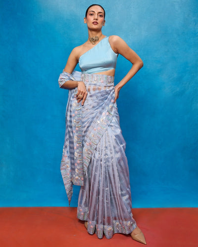 Handwoven Ice Blue Tissue Embroidered Sari