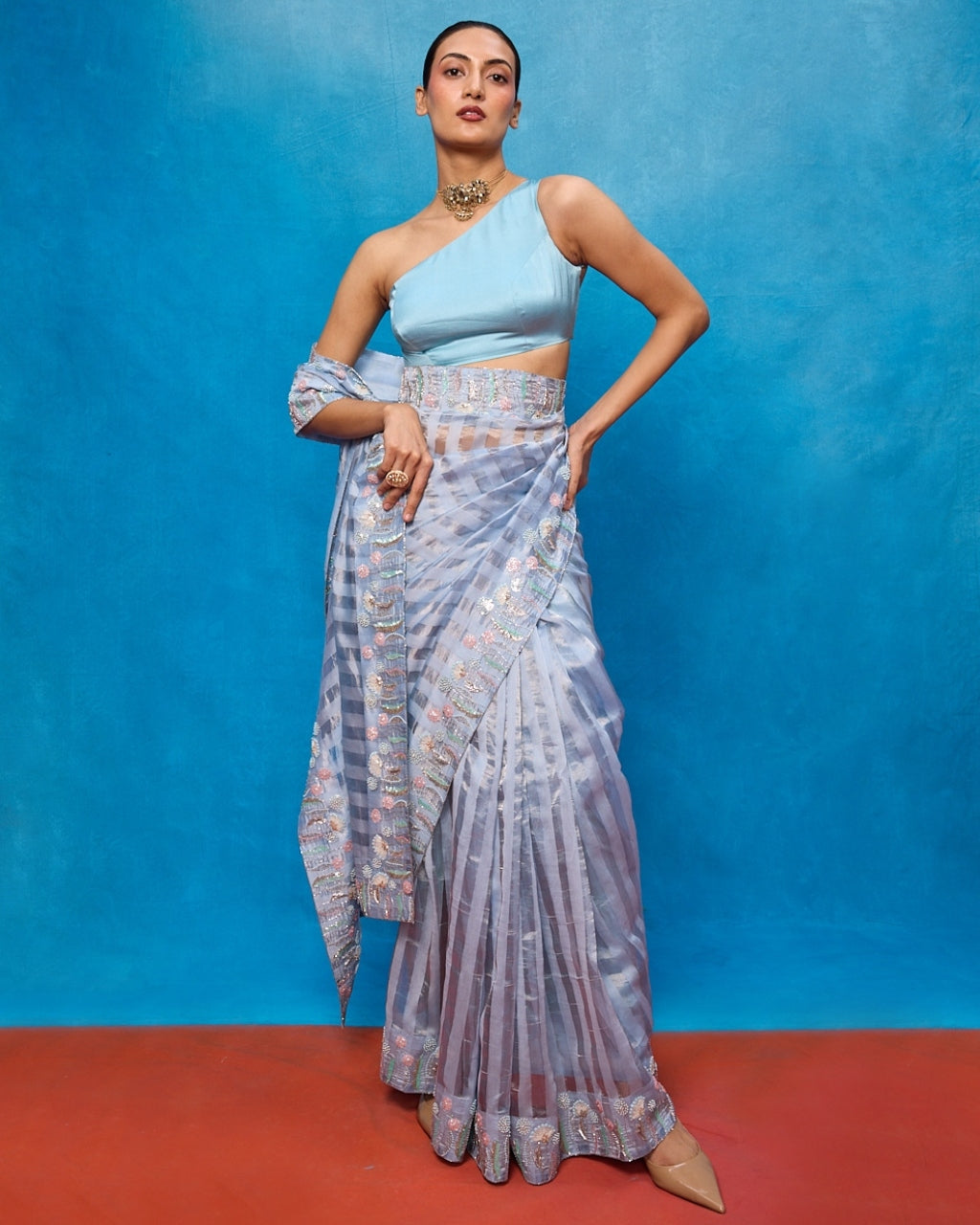Handwoven Ice Blue Tissue Embroidered Sari