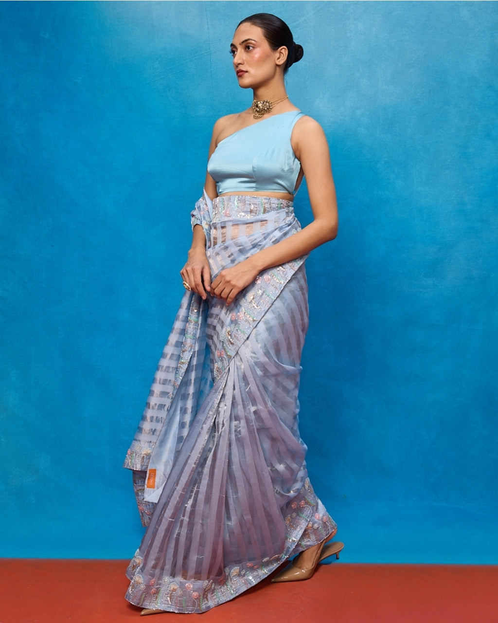 Handwoven Ice Blue Tissue Embroidered Sari