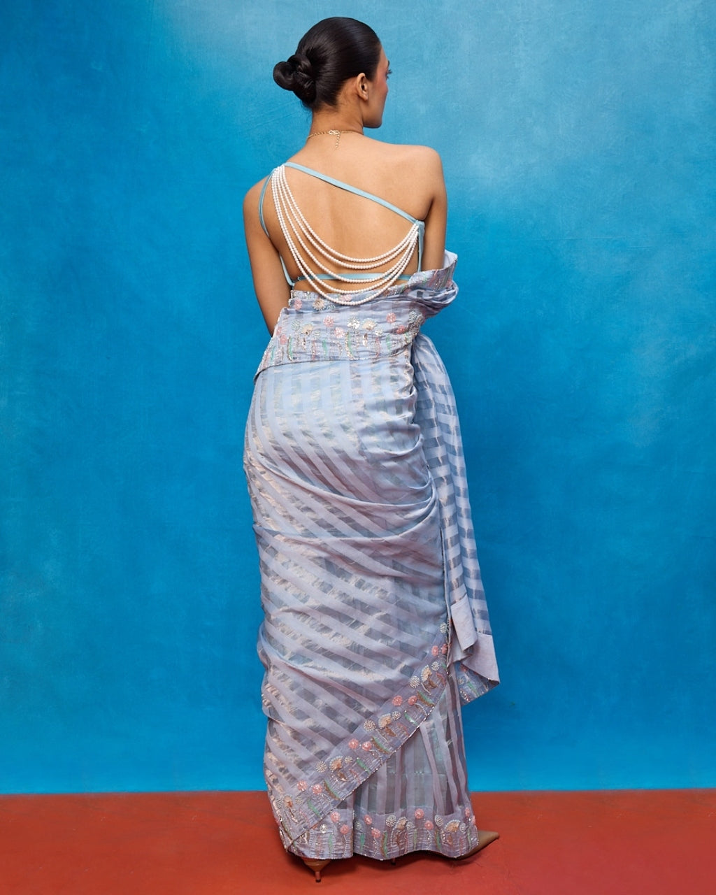 Handwoven Ice Blue Tissue Embroidered Sari