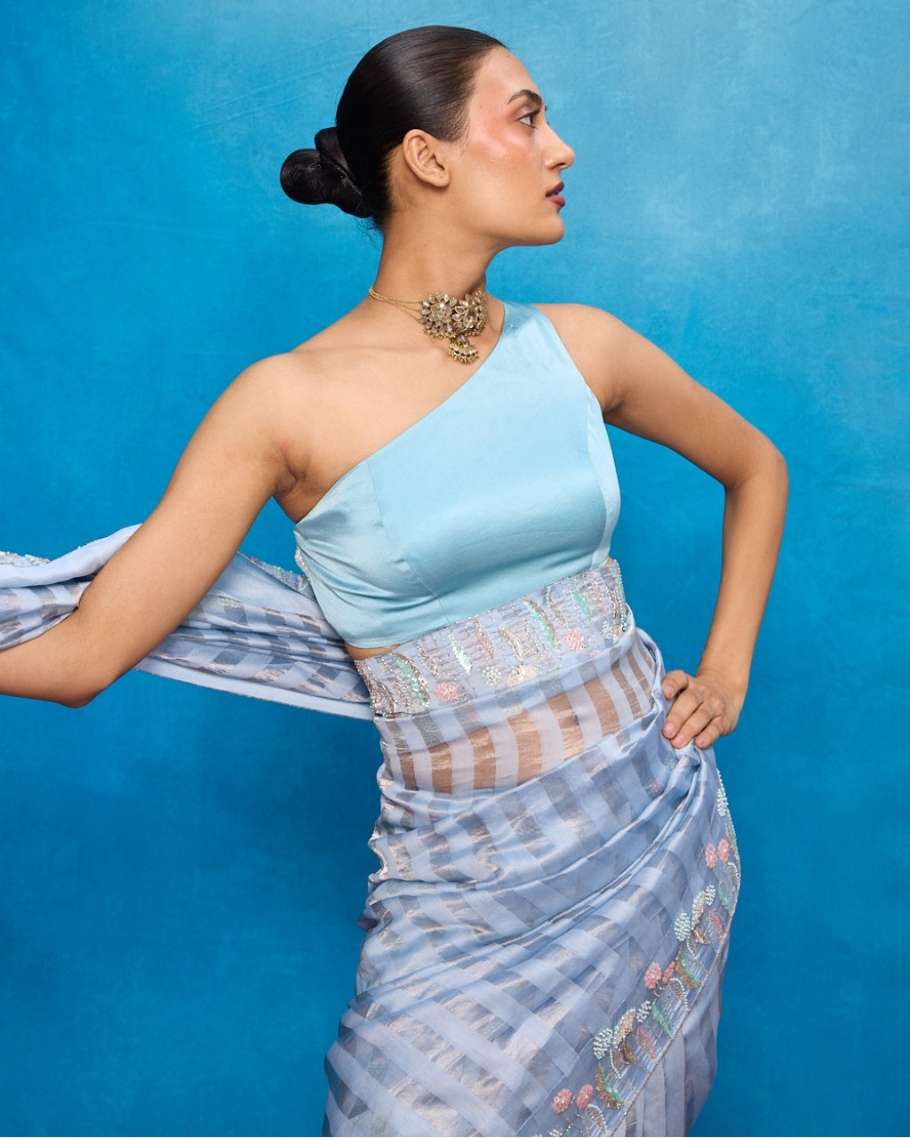 Handwoven Ice Blue Tissue Embroidered Sari