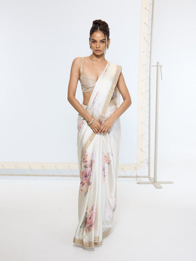 Handwoven Powder White Printed Sari