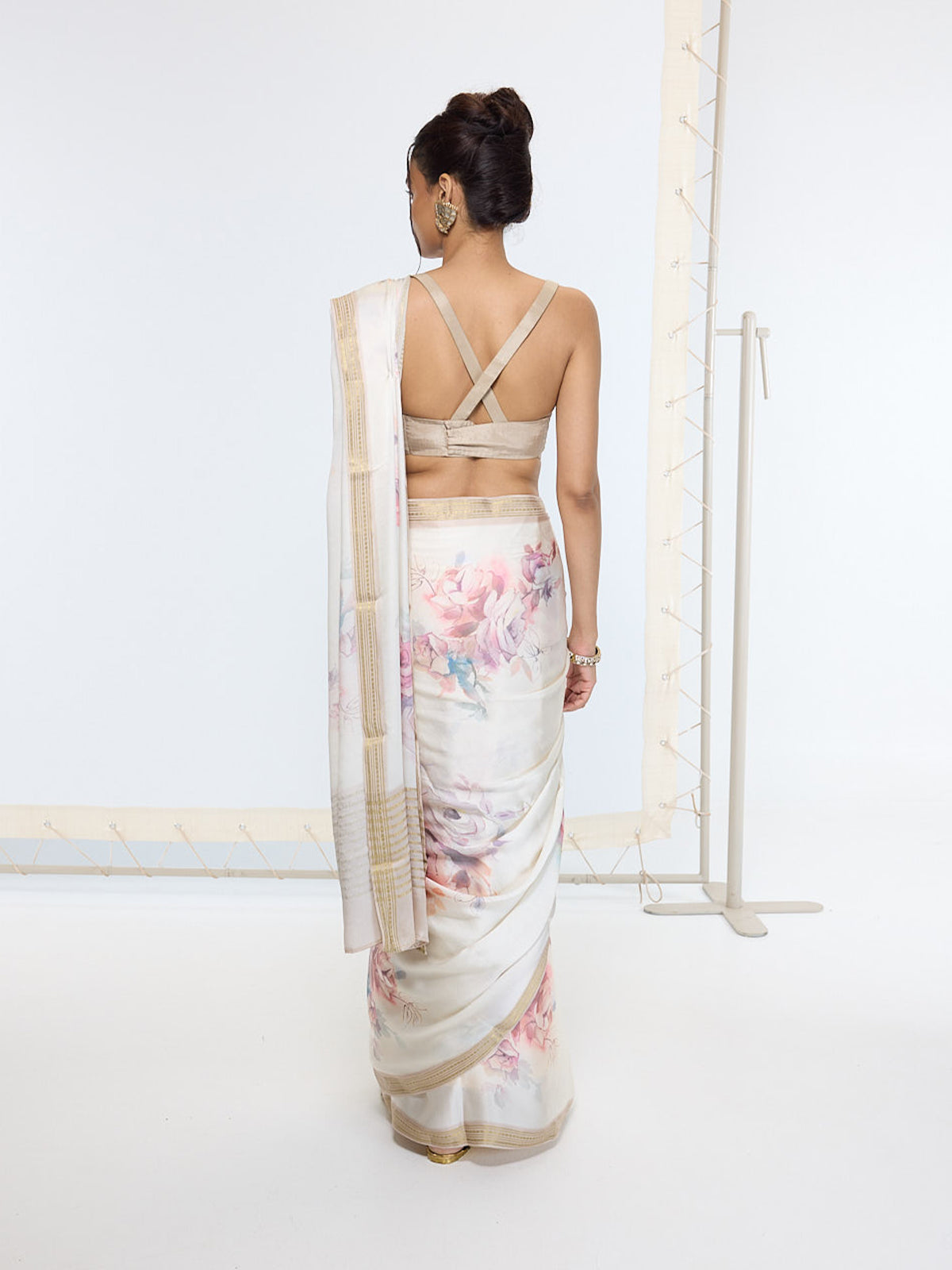 Handwoven Powder White Printed Sari